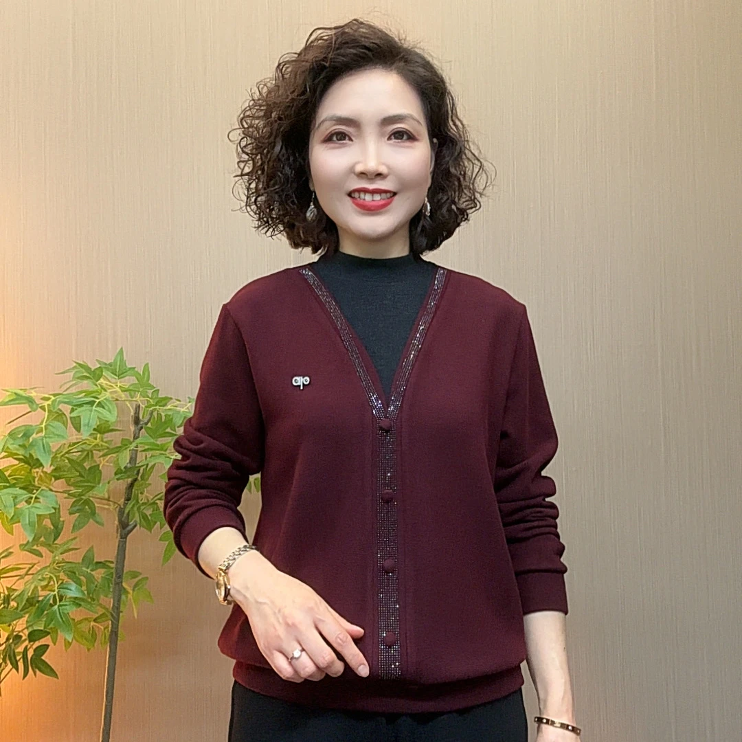 秋冬季中老年妈妈装宽松洋气气质流光风保暖烫钻假两件长袖打底衫