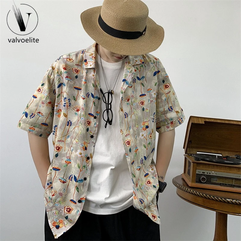 VALVOELITE美式潮牌潮流痞帅炸街古巴领花衬衫男装夏季薄款度假休