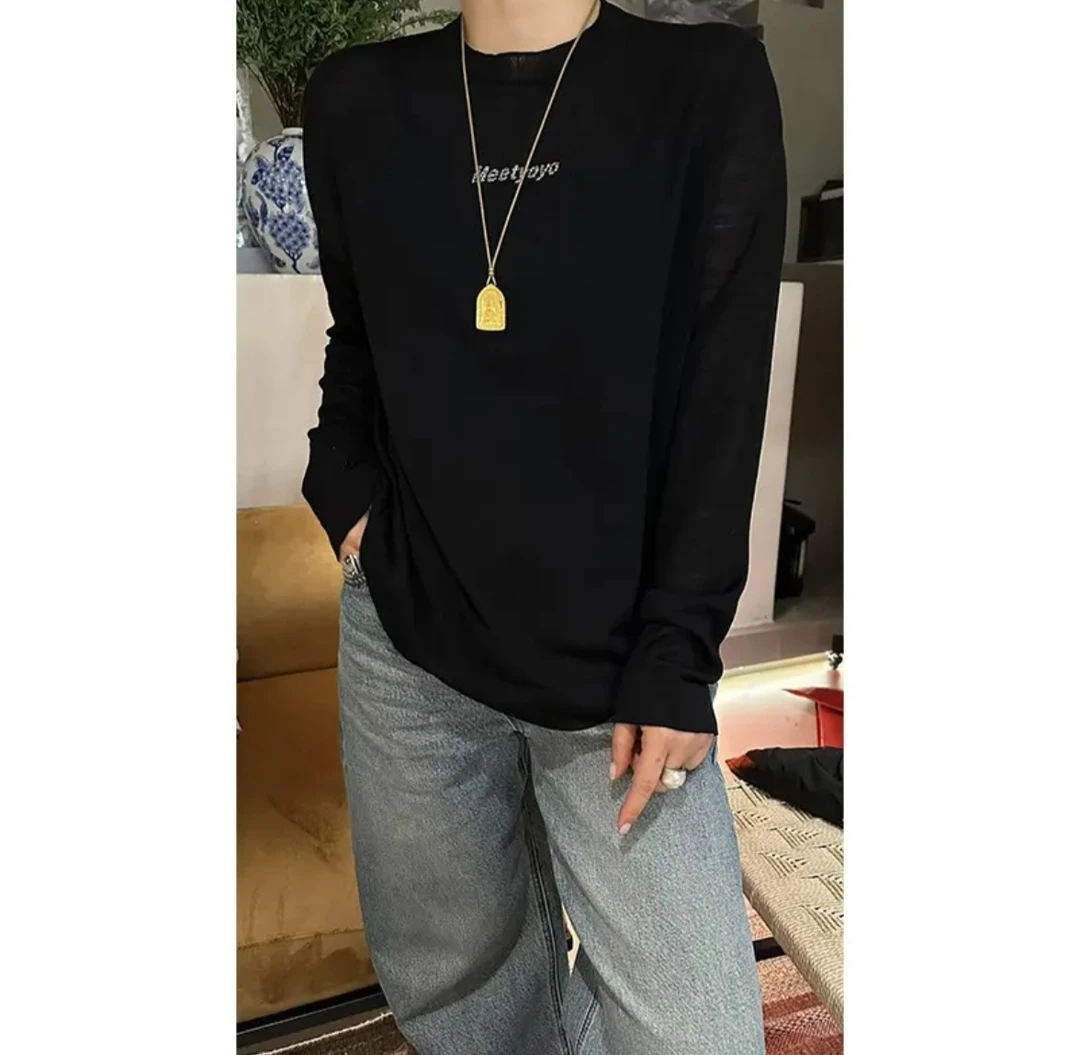 JING2025春夏款2026—1长袖圆领宽松T恤上衣女装打底衫字母烫钻