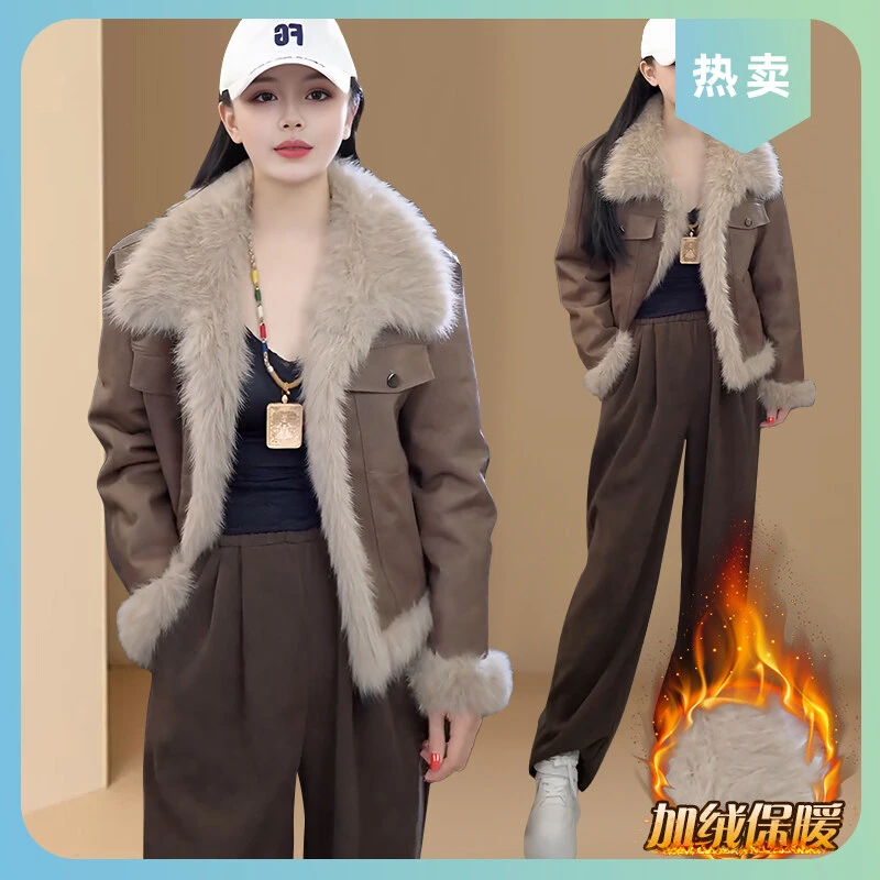 美拉德复古韩系外套女2025新款秋冬加绒加厚短款拼接毛毛上衣大衣