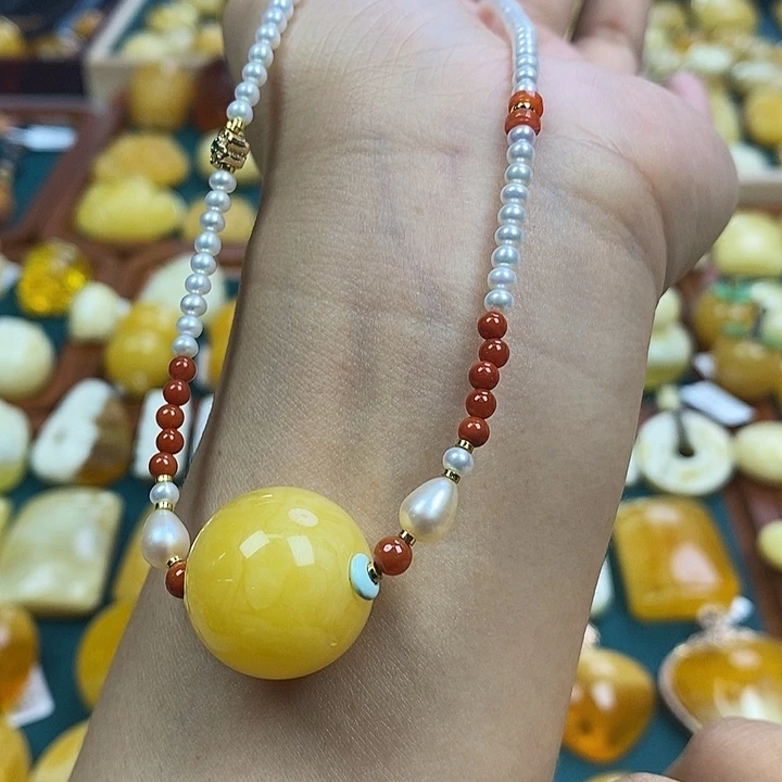 琥珀未镶嵌裸石20+鸡油黄锁骨珠链