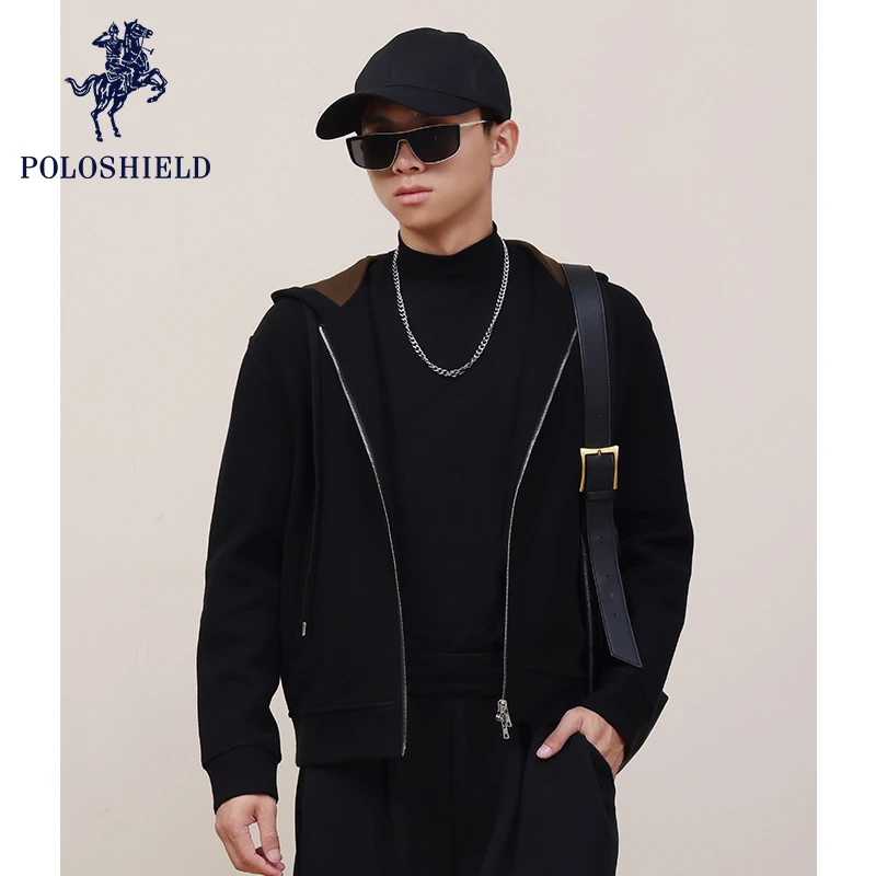 POLOSHIELD保罗希尔德男士含羊毛针织开衫男生男款春秋季连帽外套