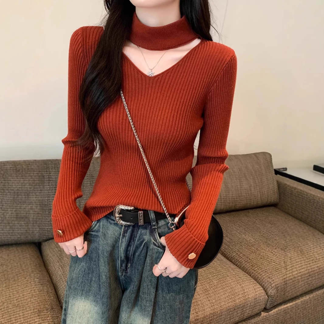 纯欲风修身内搭毛衣女52025秋冬新款高级感挂脖V领长袖打底针织衫
