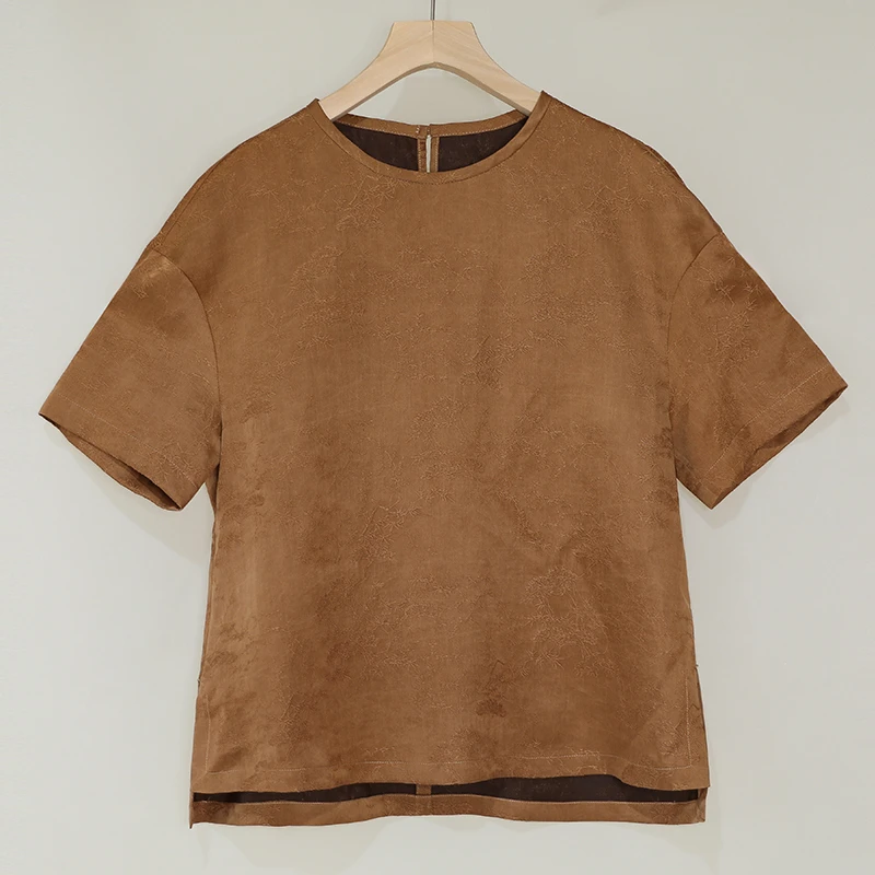 新中式国风轻奢圆领香云纱上衣T恤女桑蚕丝透气夏季简约贵气短袖