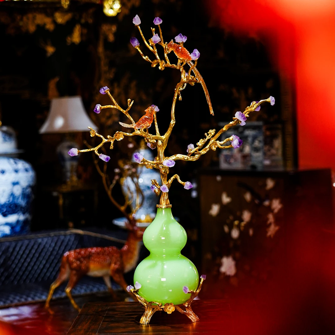 【本尼家】SS42黄铜配仿绿玉葫芦树福禄摆件轻奢琉璃雀高档玄关装饰
