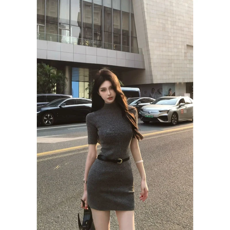 夏季新款休闲百搭御姐包臀裙半高领半袖毛织紧身连衣包臀时尚短裙