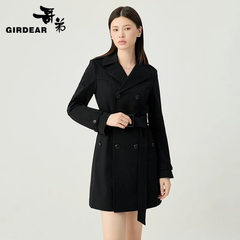 哥弟新款时尚经典通勤翻领腰带双排扣中长款招牌风衣外套女140006