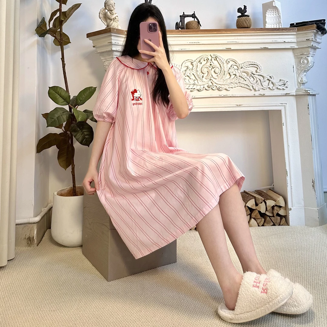 司睿HelloKitty粉色夏季薄款睡衣莱赛尔刺绣睡衣女宽松家居服睡裙