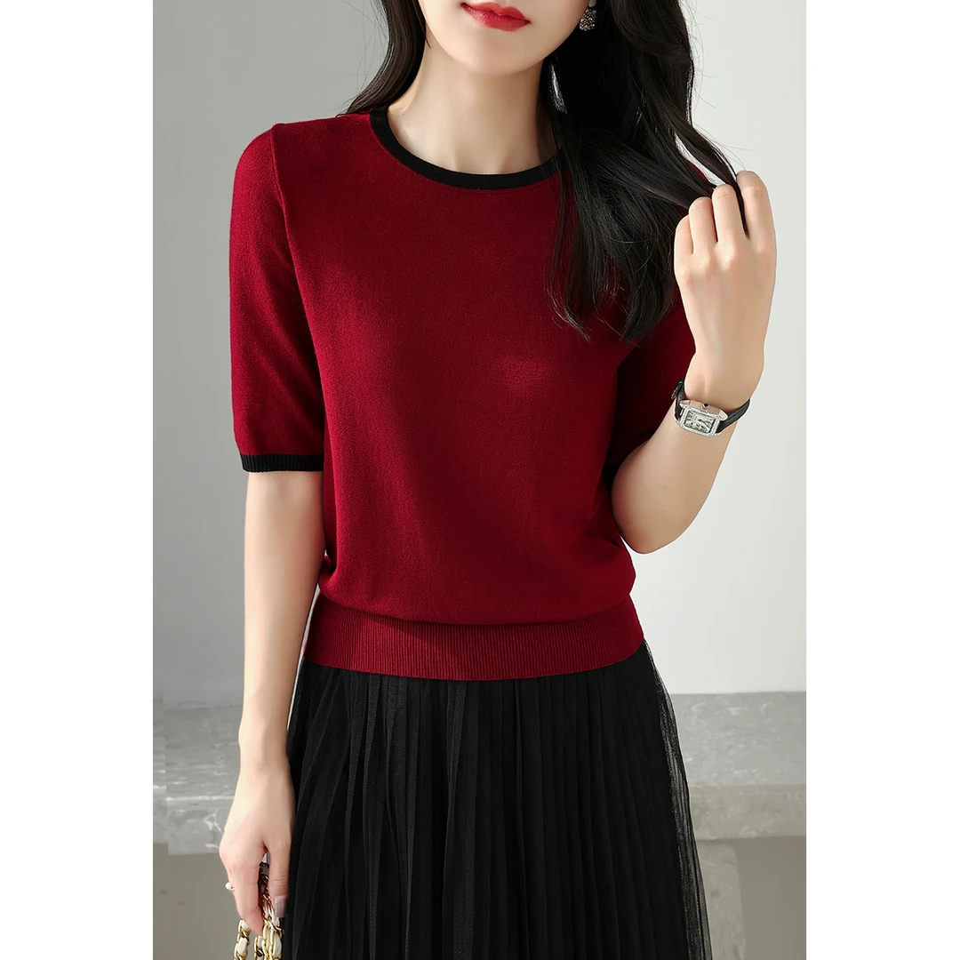 2025年夏季新款圆领拼色短袖宽松显瘦针织衫T恤女套头气质上衣