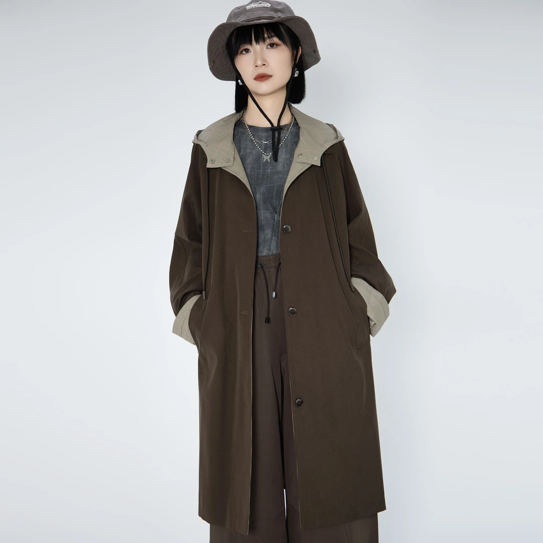 书芮2025秋季新款设计感连帽风衣外套女休闲宽松大衣