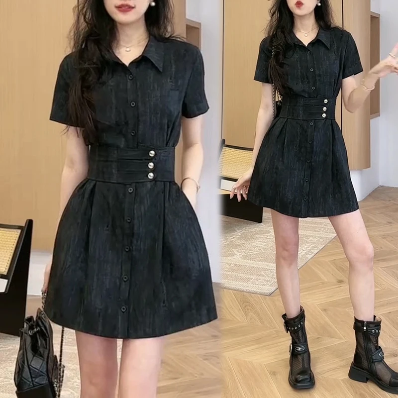 通勤气质翻领牛筋收腰连衣裙2025夏季新款小众设计感高级显瘦时尚