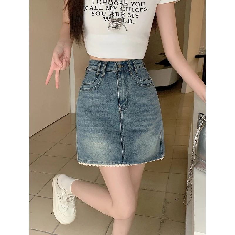 2025夏季新款胖mm大码拼接花边牛仔半身裙小个子高腰a字短裙