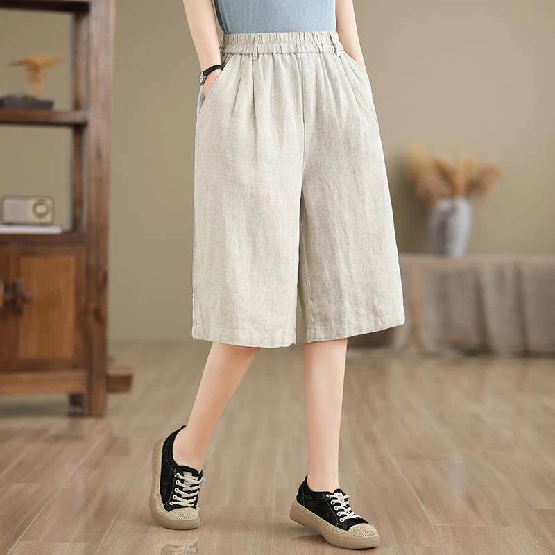 FAVMARTHA棉麻六分短裤女夏季外穿薄款中裤2025新款妈妈大码亚麻