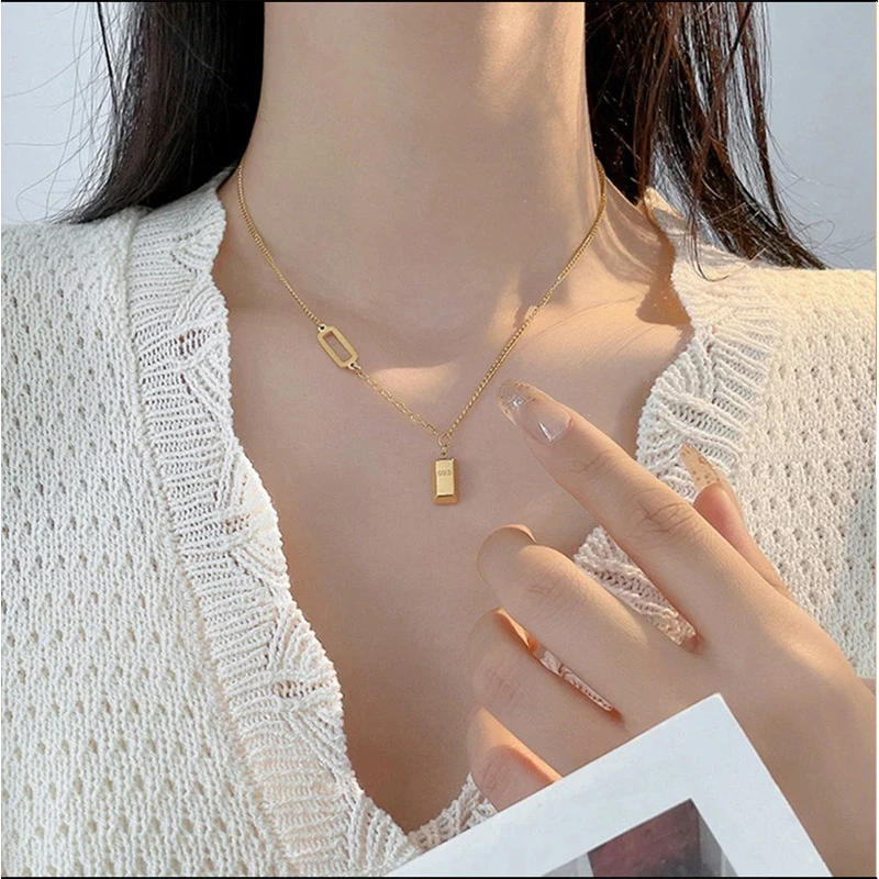 钛钢项链 简约时尚暴富GOLD小方砖项链百搭不掉色吊坠饰品轻奢