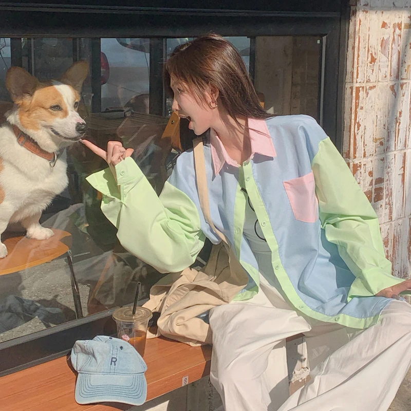 Crimson Twilight韩系甜美马卡龙撞色拼接新款百搭叠穿休闲衬衣