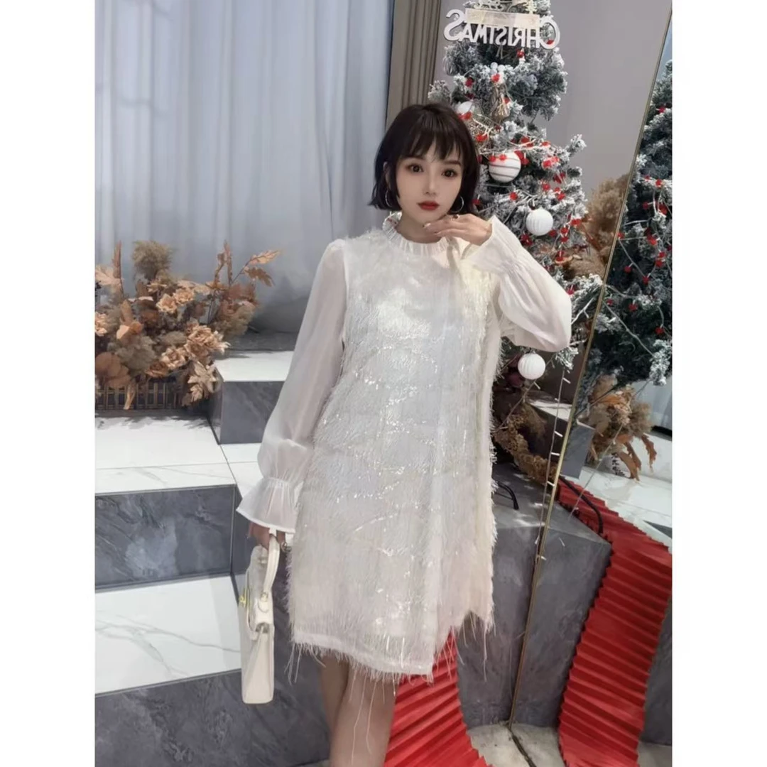 白色高级感轻奢亮丝连衣裙女长袖2025春装新款法式绝美a字裙25119