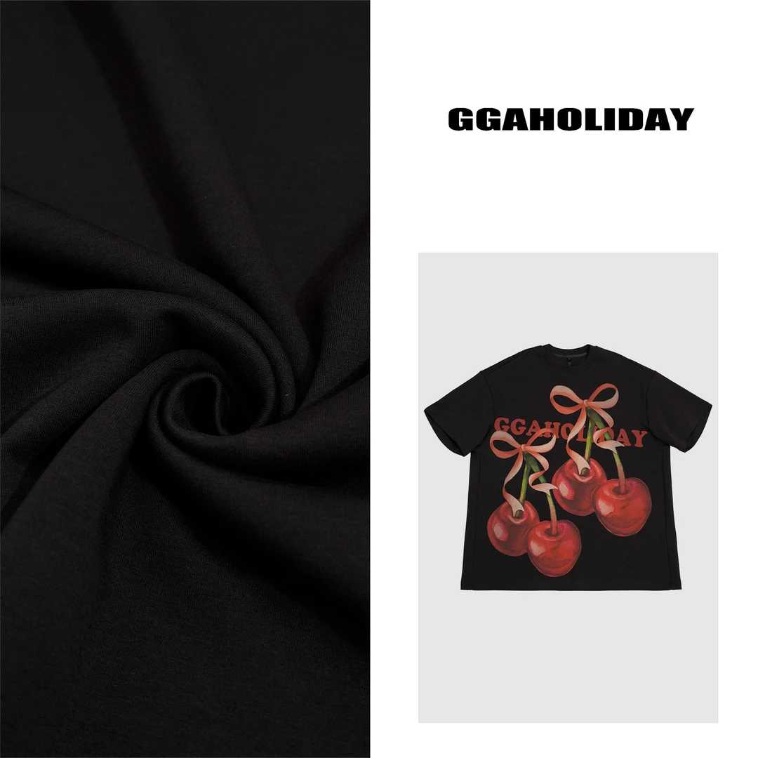 GGAHOLIDAY时尚休闲黑色宽松潮流圆领半袖印花短袖T恤上衣-152002