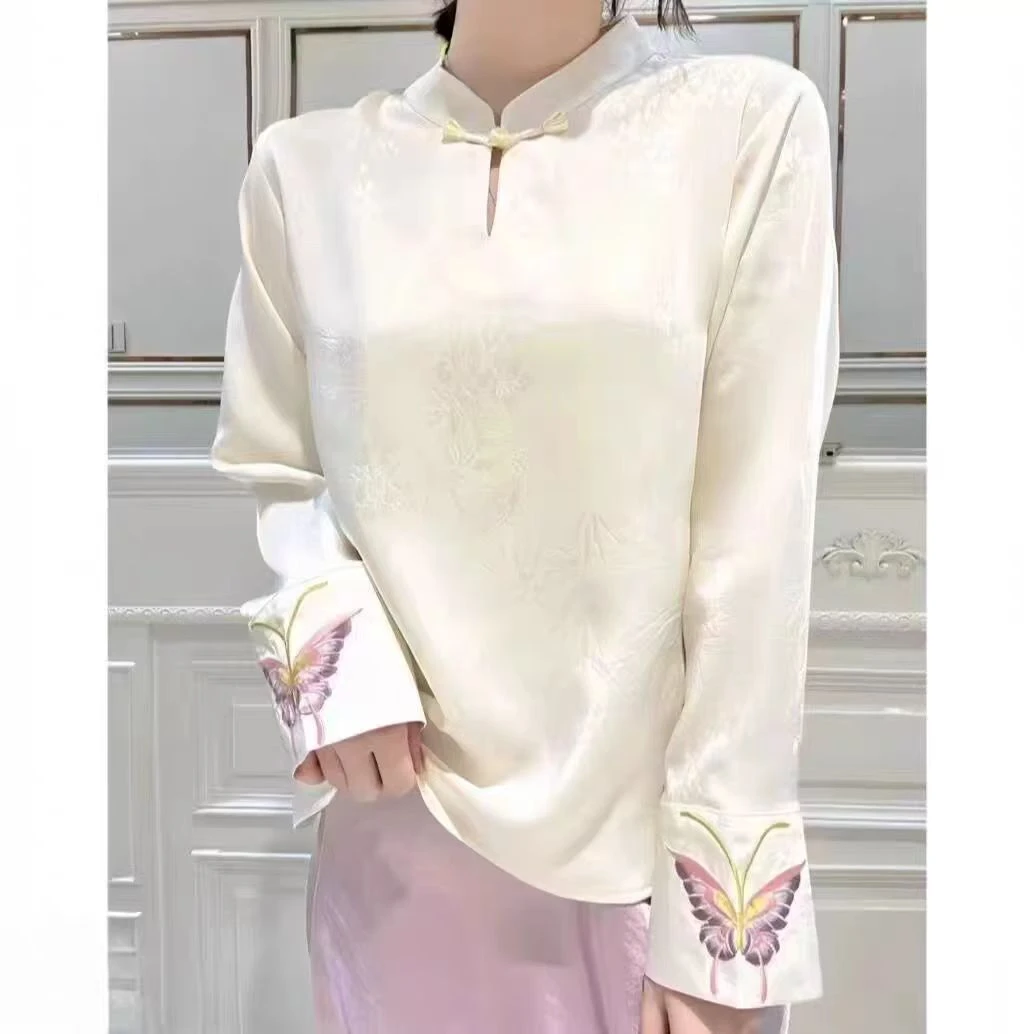 296新中式国风蝶梦衬衫春秋款立领盘扣衬衫百搭气质提花国风刺绣