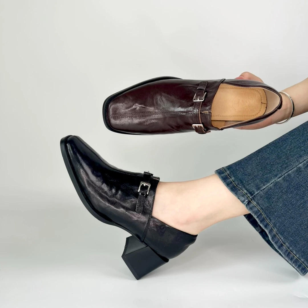 5CM英伦时尚简约气质小皮鞋春秋新款方头粗跟一脚蹬显瘦深口单鞋