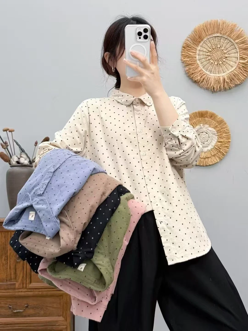 【小波点娃娃领磨毛棉衬衫】2215