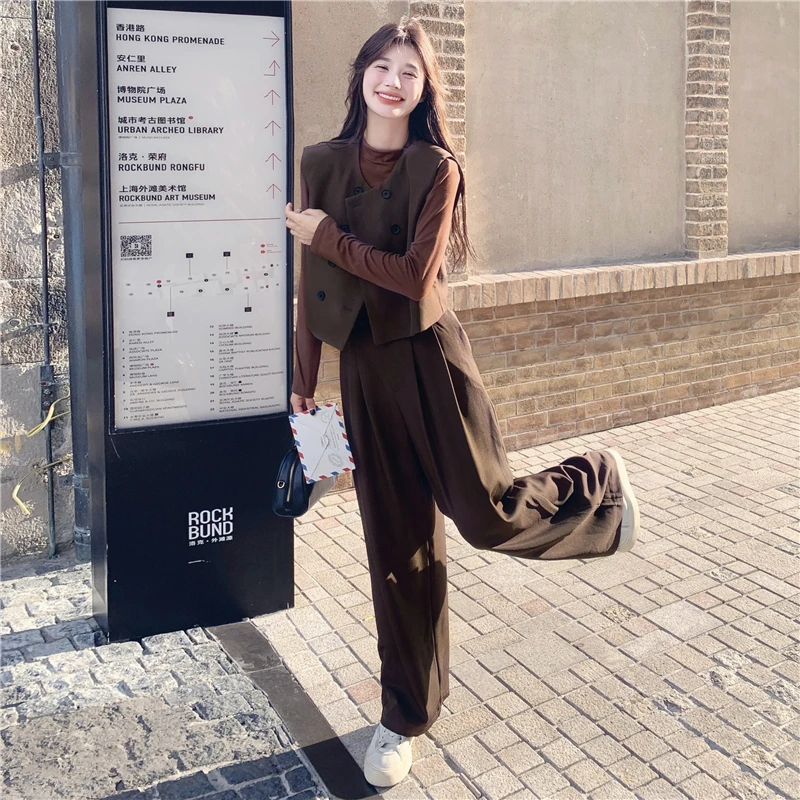 咖色美拉德小香风马甲阔腿裤套装2025新款女春韩系穿搭长裤三件套