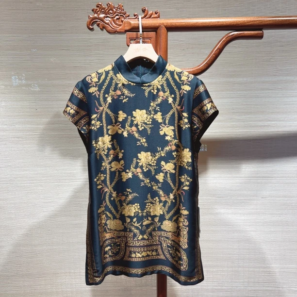 2025新款时尚气质新中式国风立领印花短袖香云纱上衣旗袍领侧开叉