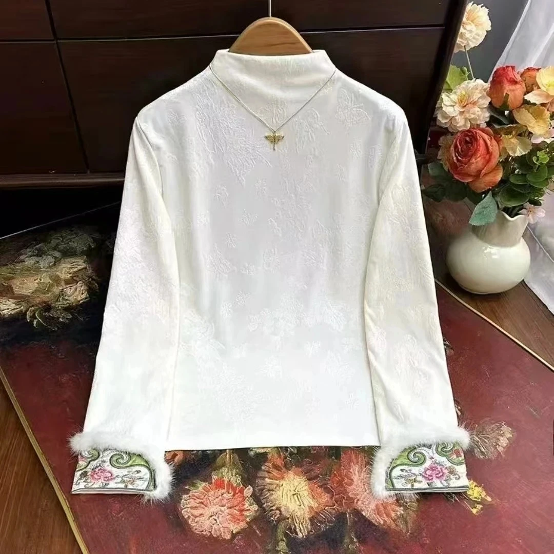 新中式国风提花刺绣袖口打底衫2025高领百搭套头显瘦内搭#1709