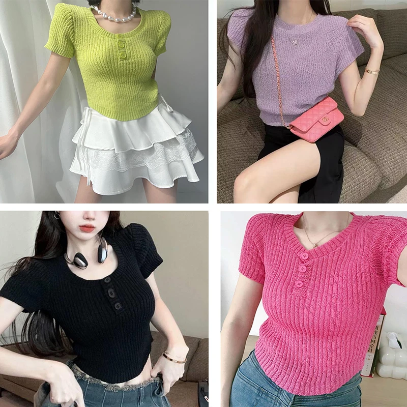 小LU  高腰修身露脐辣妹短款小个子短袖针织上衣