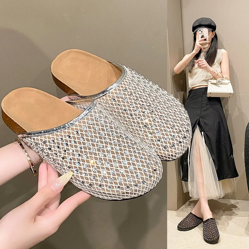 【品牌优选】包头纯色水钻女鞋半拖时尚镂空仙女风新款2025夏季凉鞋