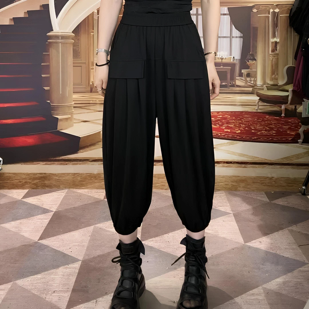 黑色休闲灯笼裤夏季新款松紧腰双口袋设计感个性宽松九分裤 1745