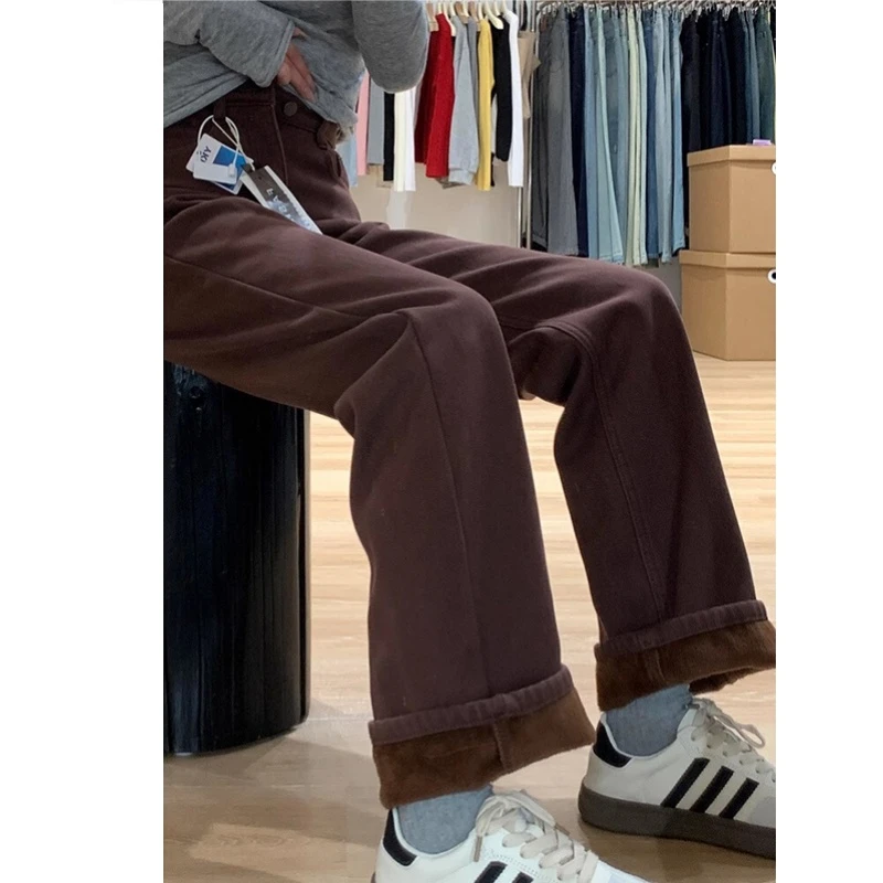雪千羽加绒美拉德咖色直筒牛仔裤女2025新款高腰窄版阔腿拖地裤子