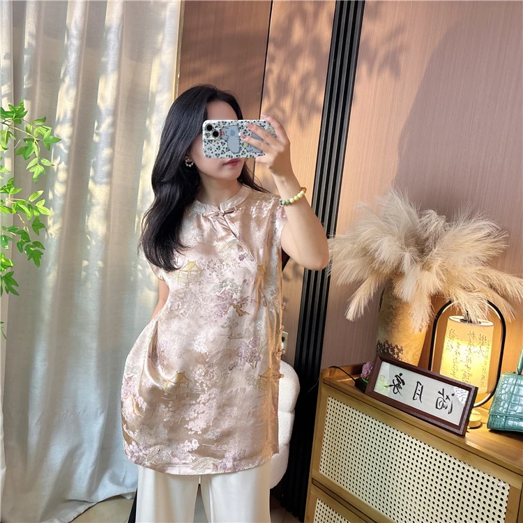 【烟雨阁 】高端人丝香云纱新中式国风复古无袖轻奢飞袖小衫上衣