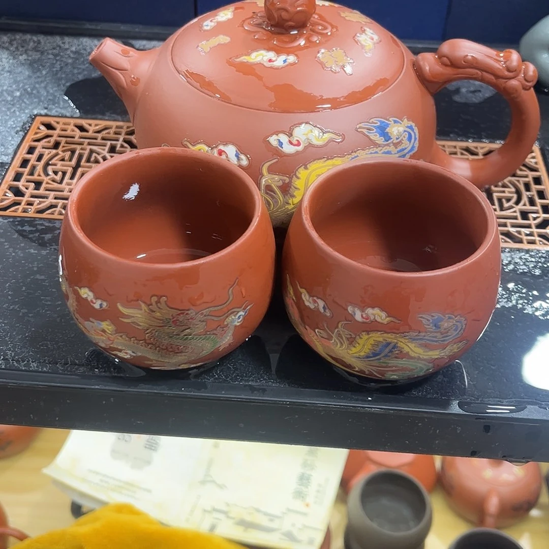 紫砂茶杯一壶4杯2龙2凤