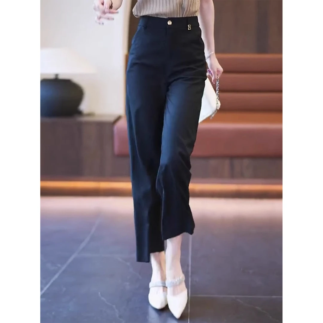 拉夏贝尔2025年新款春夏宽松女裤高腰夏季九分裤休闲直筒裤西装裤