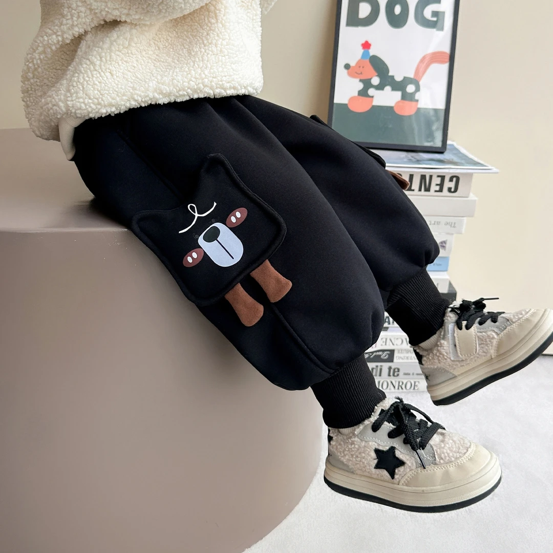 女童冬季加绒裤子2025新款儿童秋冬款卡通束脚宝宝一体绒加厚卫裤