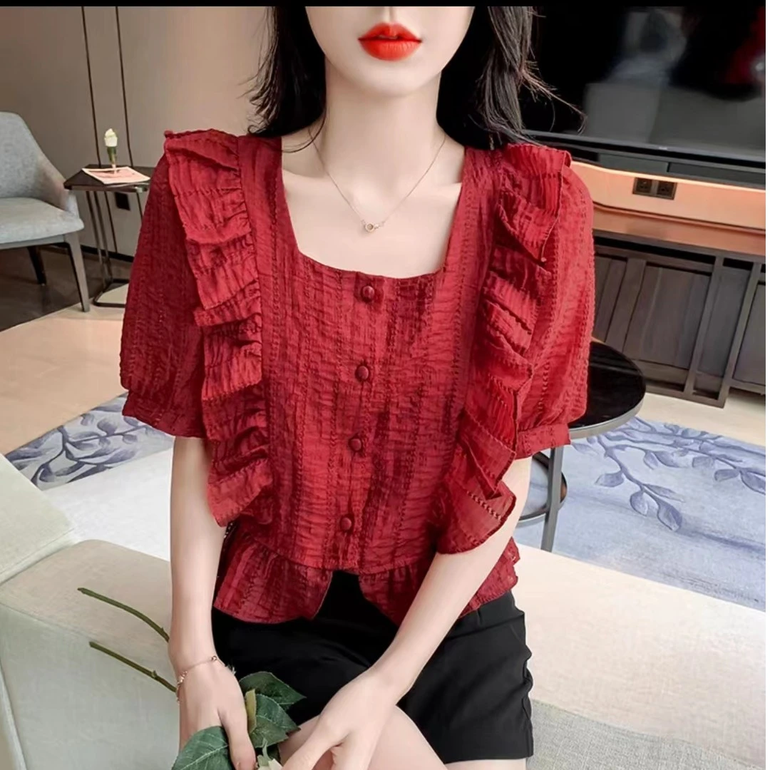 荷叶边短袖衬衫女夏季新款设计感法式方领甜美减龄上衣5205长48