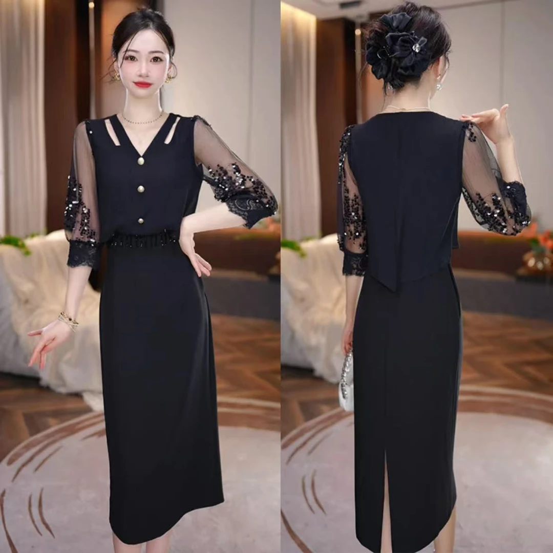 【连衣裙】早秋新款时尚气质洋气修身亮片拼接设计女人味连衣裙