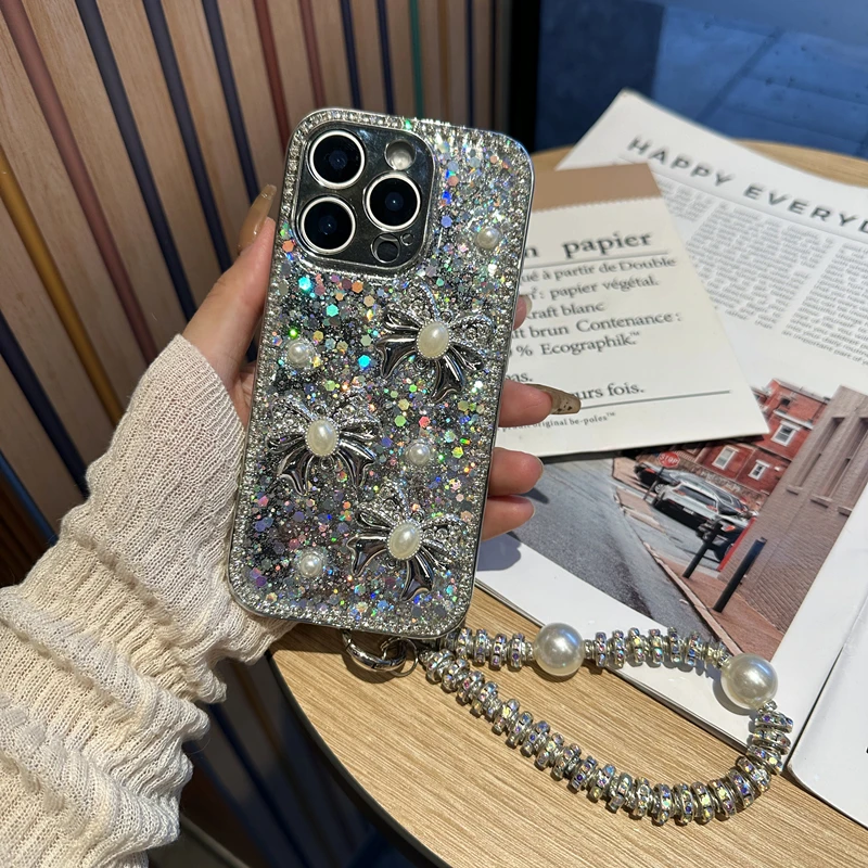 奢华ins高级手机壳电镀银钻边适用苹果15蝴蝶结小米oppo华为vivo