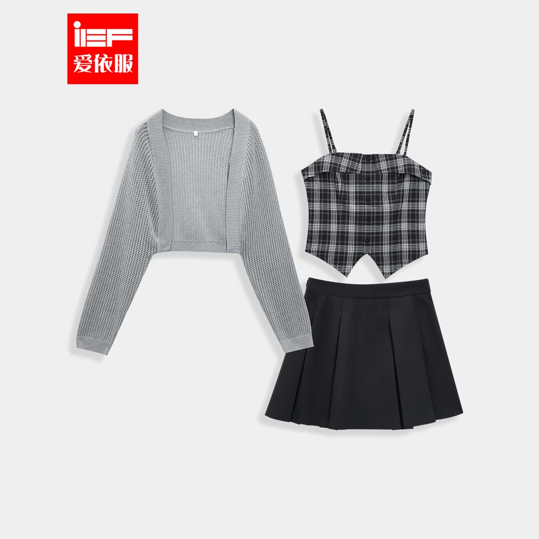 IEF/爱依服女装2025时尚套装短款法式高腰显瘦三件套百搭格子