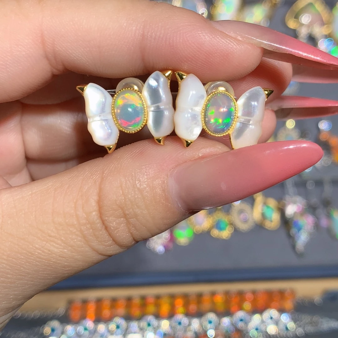 银S925镶嵌欧泊欧泊耳饰l