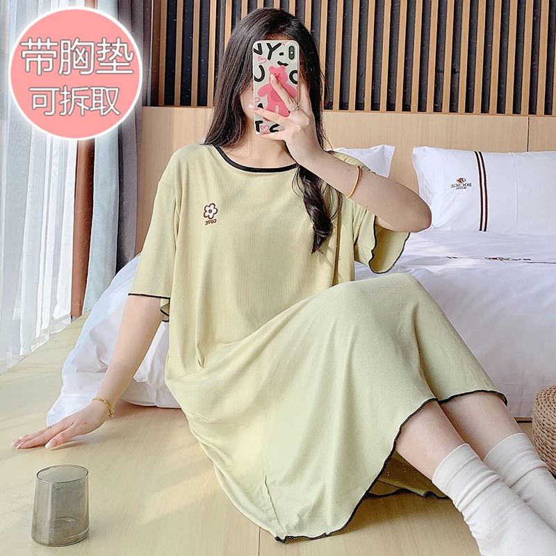 【带胸垫】莫代尔夏季休闲短袖中长宽松加大码250斤睡裙睡衣女