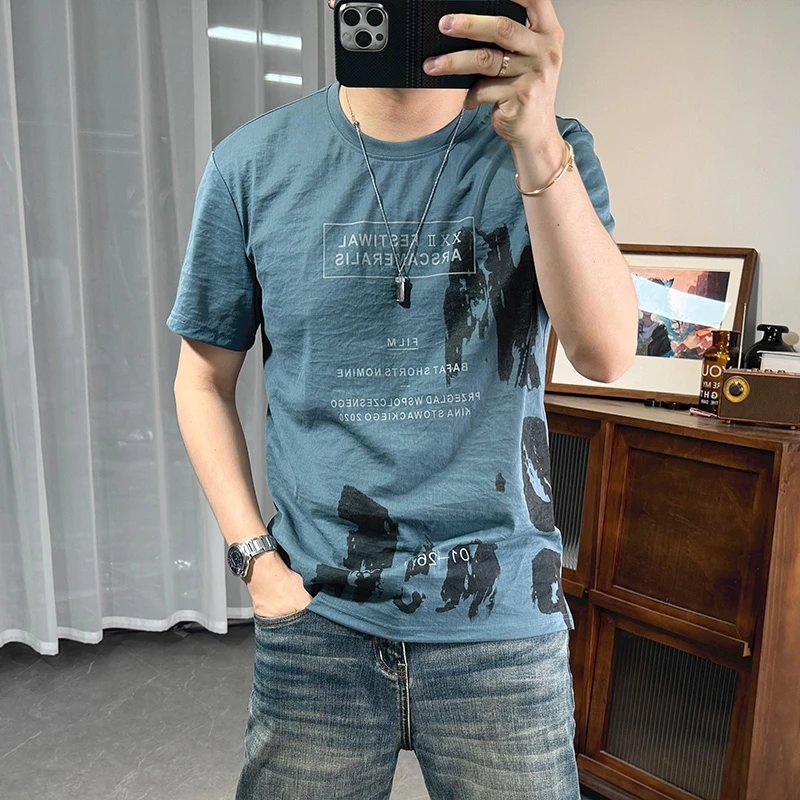 棉麻短袖T恤男新款墨染印花图案圆领休闲冰丝麻男士修身青年上衣t