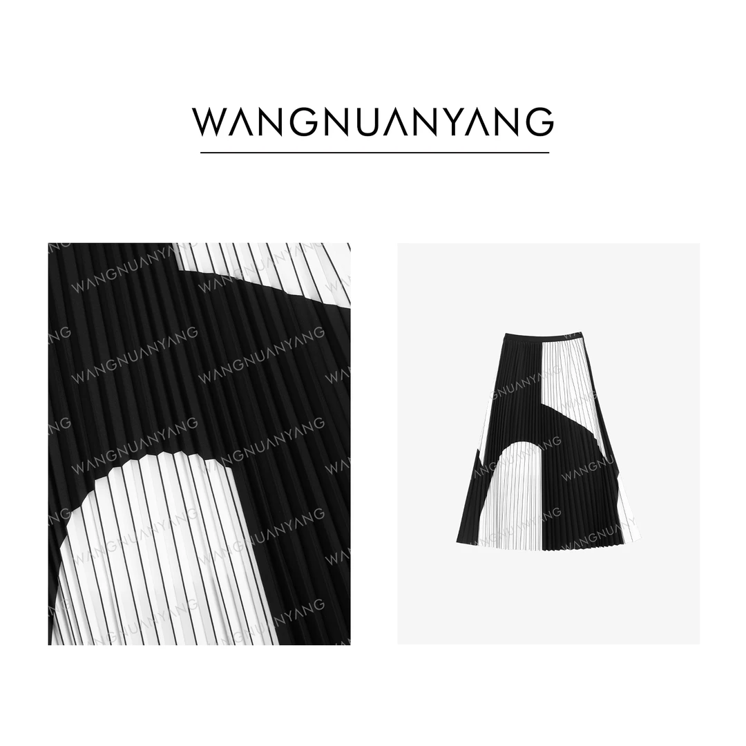 【WNY】黑白琴键|春夏时尚气质黑白撞色手工压褶百褶半身裙