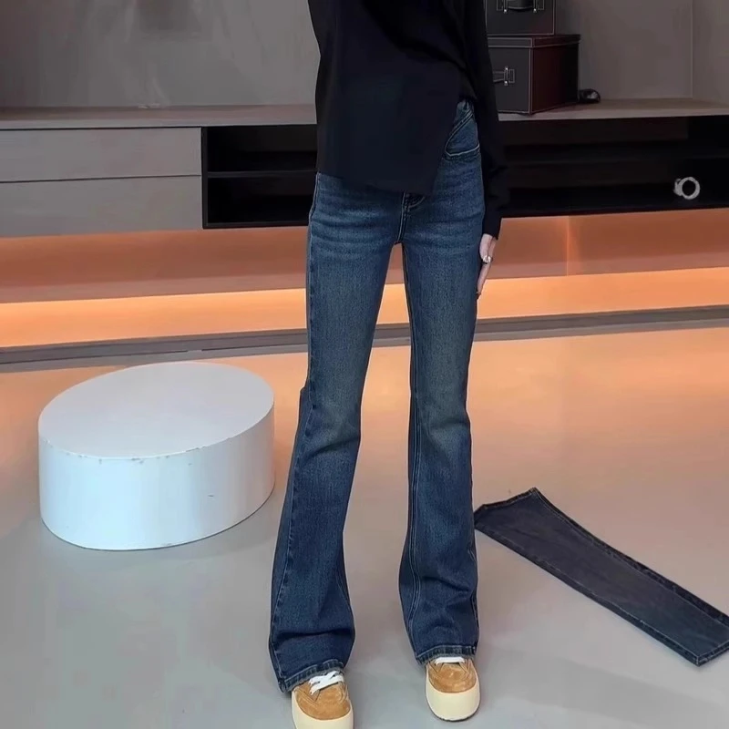 春秋新款美式复古休闲显瘦直筒牛仔裤大码百搭高腰显瘦微喇叭裤子