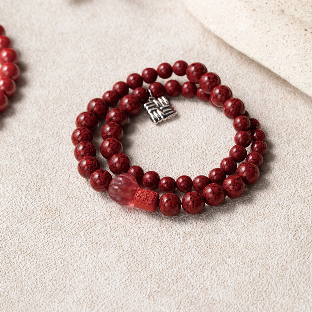 由子野 天然辰砂【踏花行】6-9mm晶体砂手串  925银  九条经文