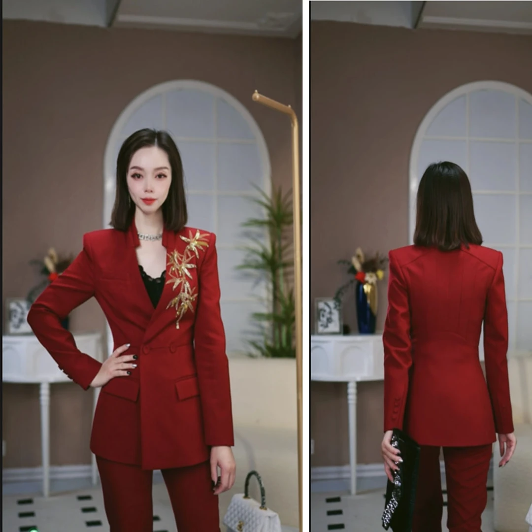 【Z.YE】高级感时尚国风清竹刺绣精致百搭轻奢安格拉红色套装2336
