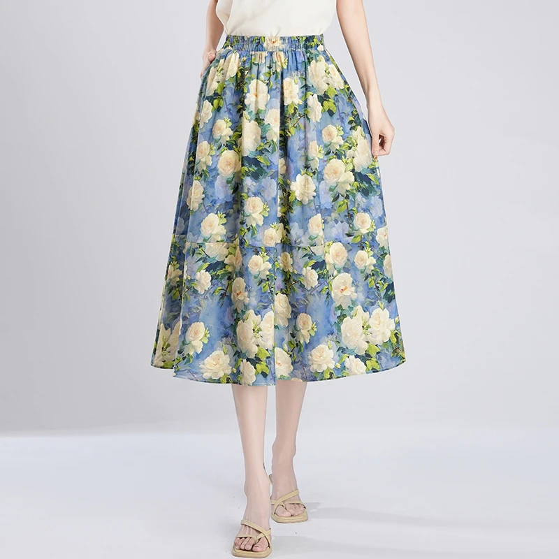 透气印花半身裙女夏季薄款2025新款花苞裙中长款A字裙花裙子爆款