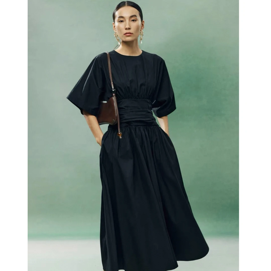褶裥魅力 黑色连衣裙女夏季高级气质圆领收腰褶皱a字裙长裙