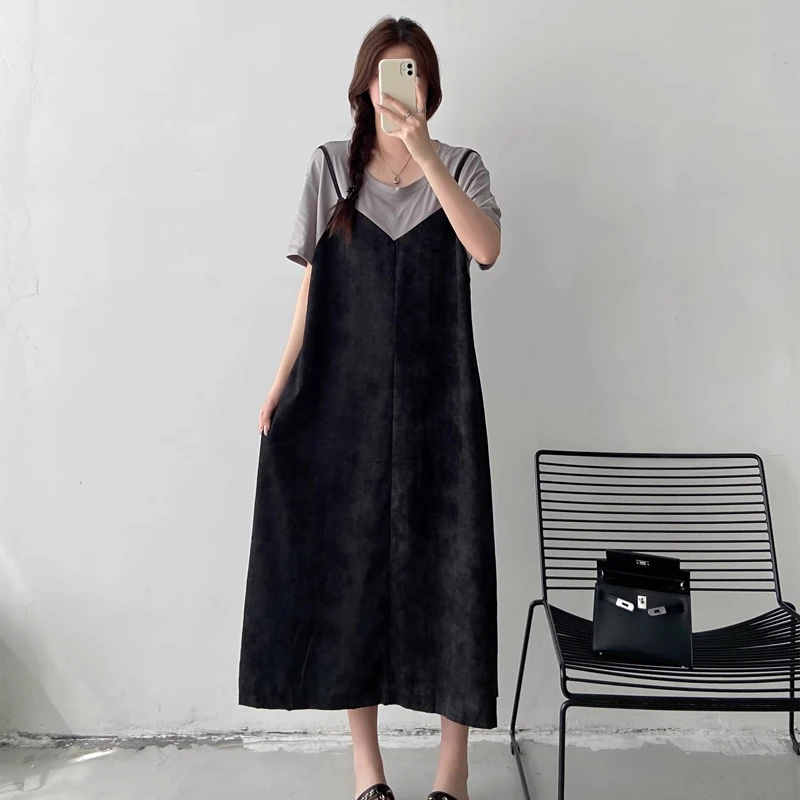 简约假两件吊带长款连衣裙女夏2025新款韩系宽松休闲T恤拼接长裙