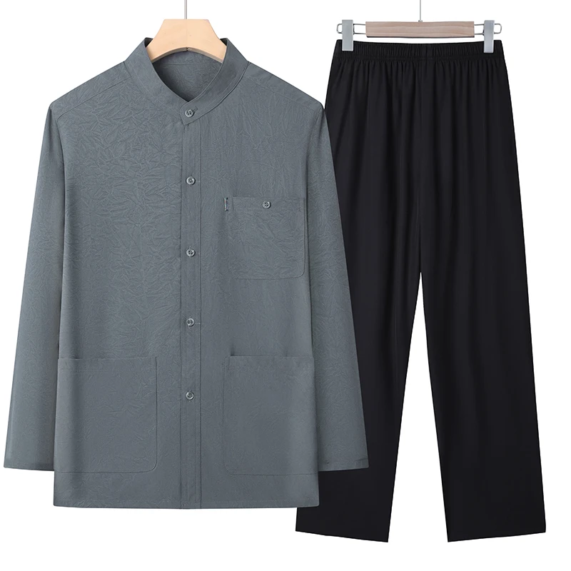 爸爸夏装长袖衬衫套装中国风男士休闲薄款开衫爸爸装中老年男装